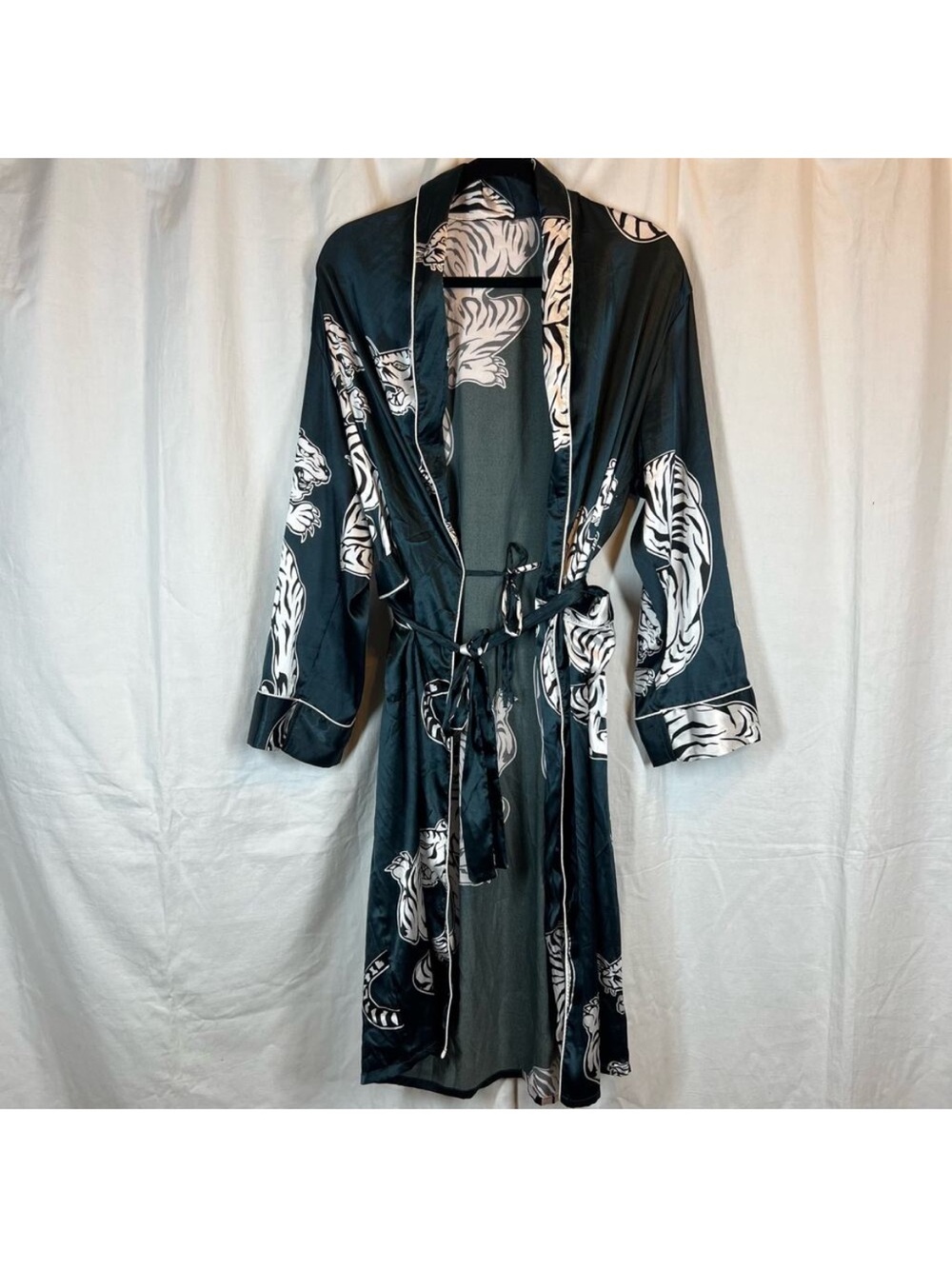 Cososa deep green tiger print tie front satin kimono midi robe
